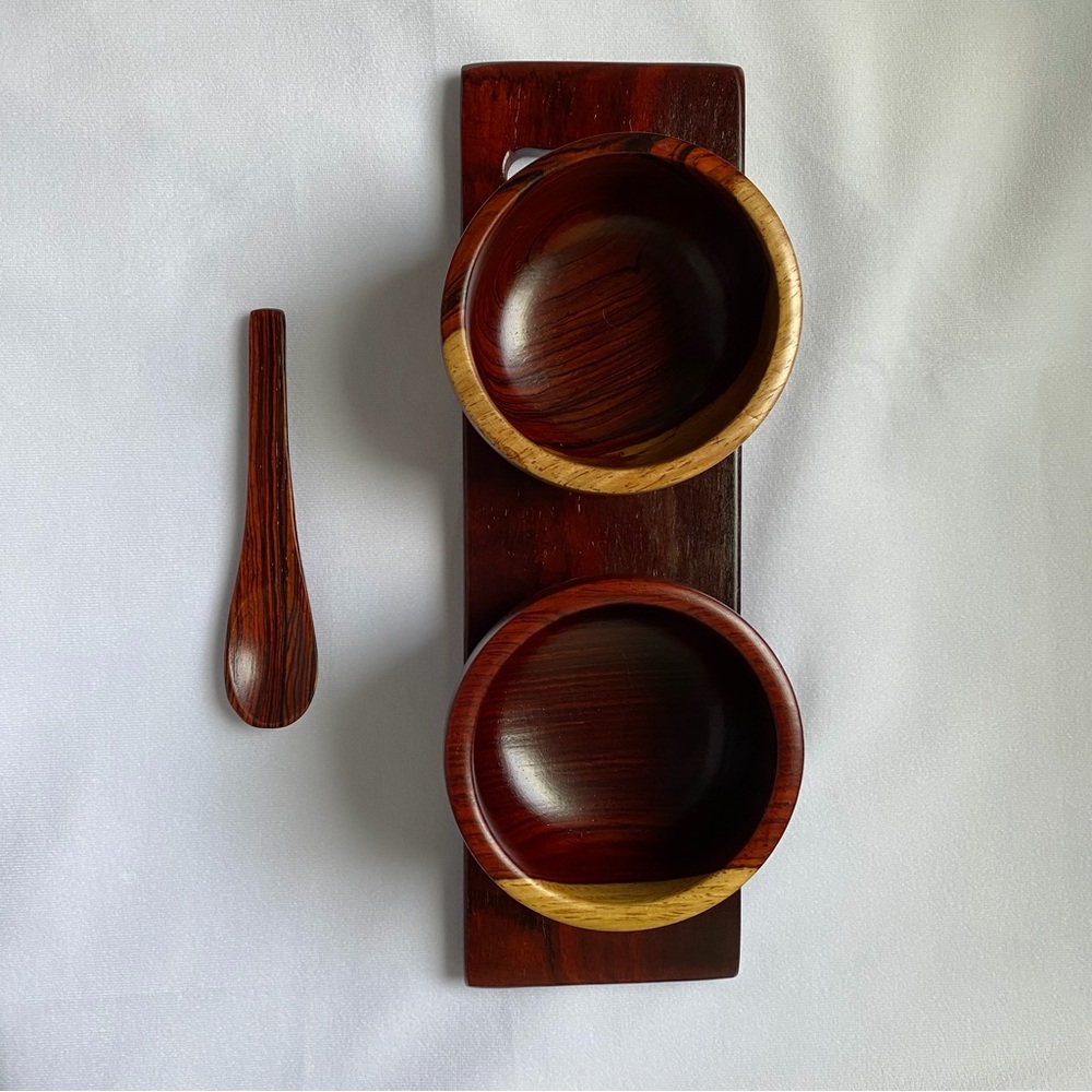 Vintage Wooden Double Bowl Set with Spoon - Rich Brown and Natural Wood Trim - Picture 8 of 12